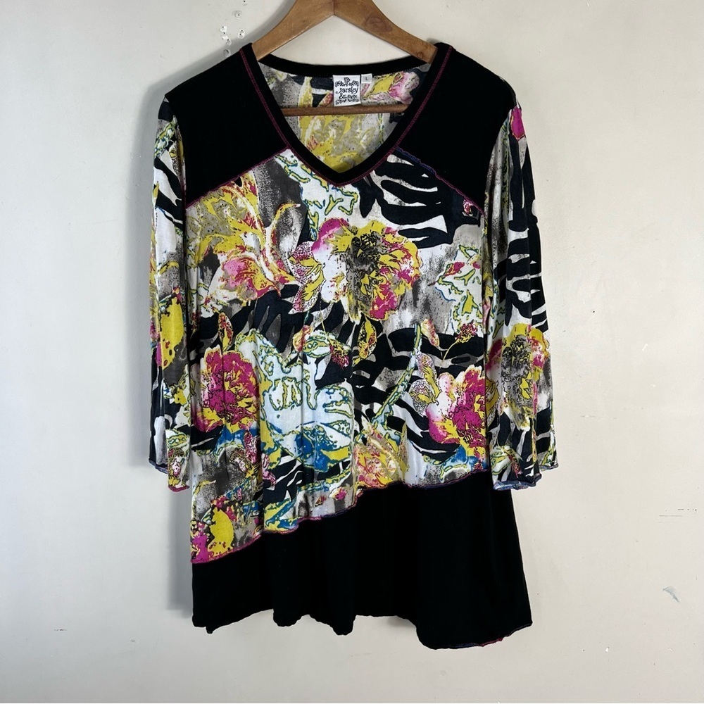 Parsley & Sage Top Womens Large Art To Wear Floral Print Colorful Artsy Tunic